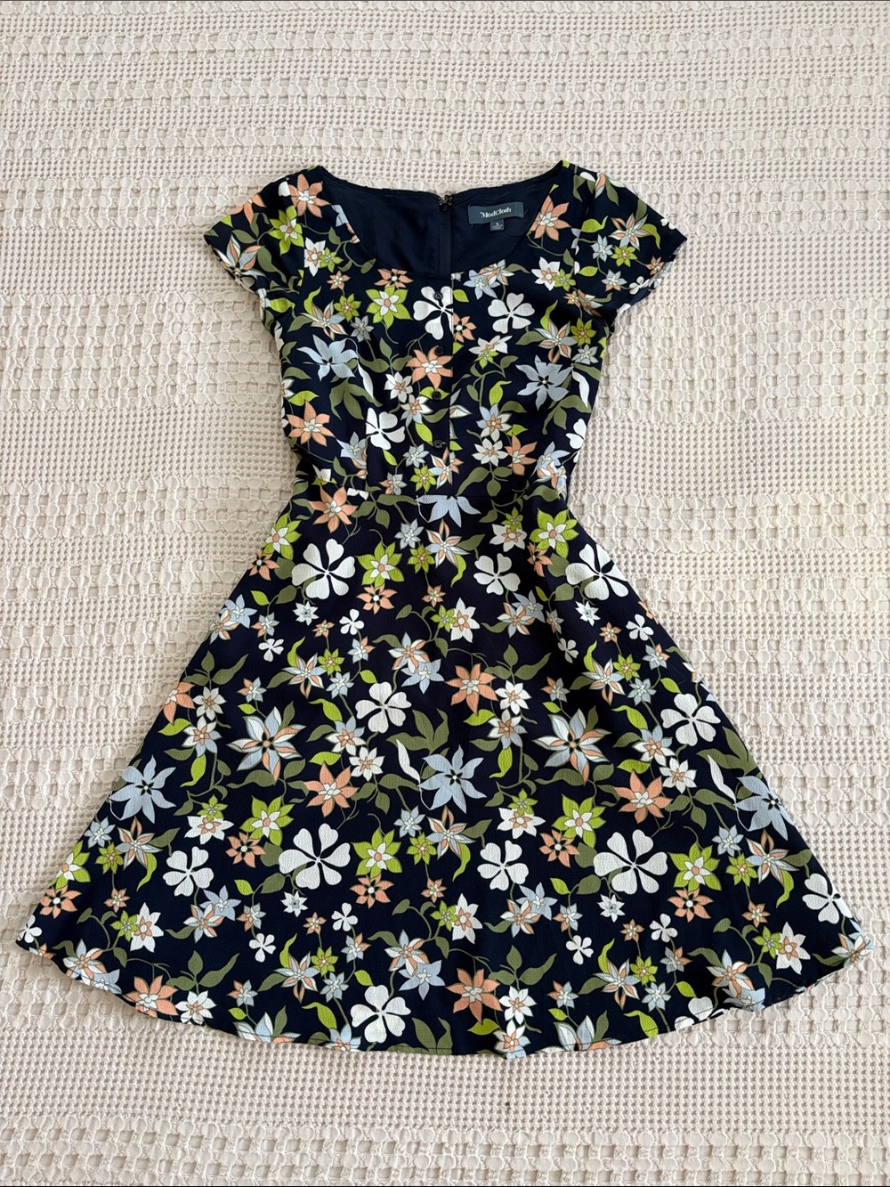 ModCloth Navy Floral Fit-and-Flare Dress with White & Peach Blooms